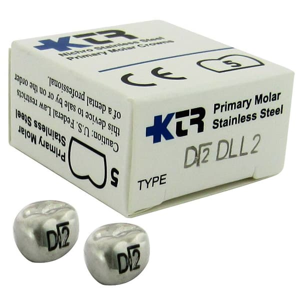 KTR Nichro Stainless Steel Primary Crown, Lower Left Primary First Molar, Size 2 (LL-D2), Box of 5 - KTR Lower Left Primary First Molar Size 2 Nichro stainless steel crowns, box - Image 1