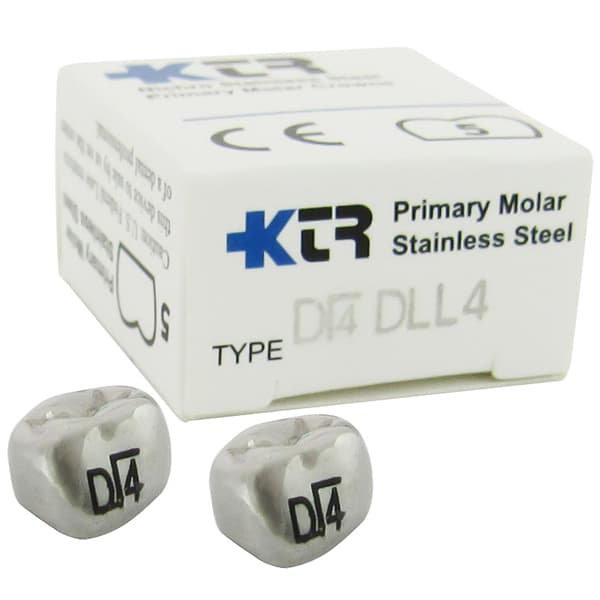 KTR Nichro Stainless Steel Primary Crown, Lower Left First Molar, Size 4 (LL-D4), Box of 5 - KTR Lower Left Primary First Molar Size 4 Nichro stainless steel crowns, box - Image 1
