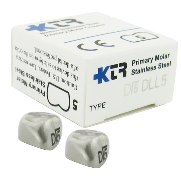 KTR Nichro Stainless Steel Primary Crown, Lower Left First Molar, Size 5 (LL-D5), Box of 5 - KTR Lower Left Primary First Molar Size 5 Nichro stainless steel crowns, box - Image 1