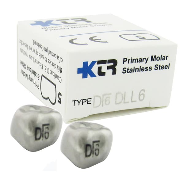 KTR Nichro Stainless Steel Primary Crown, Lower Left Primary First Molar, Size 6 (LL-D6), Box of 5 - KTR Lower Left Primary First Molar Size 6 Nichro stainless steel crowns, box - Image 1