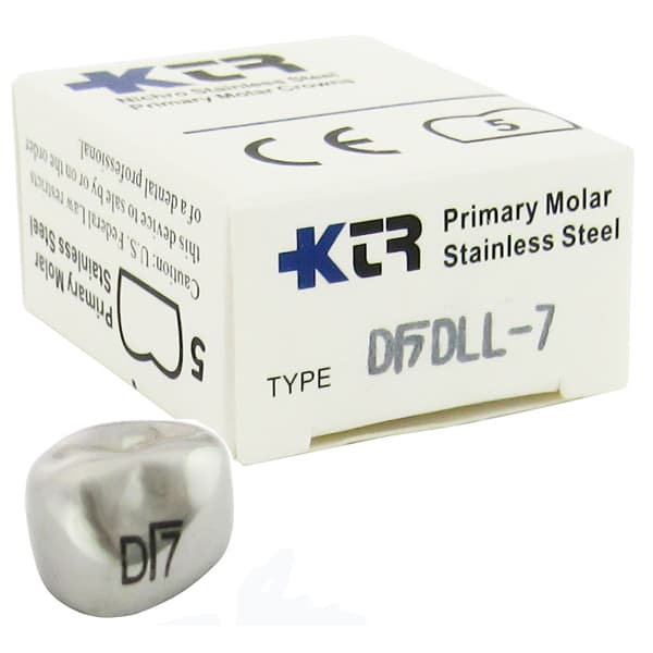 KTR Nichro Stainless Steel Primary Crown, Lower Left First Molar, Size 7 (LL-D7), Box of 5 - KTR Lower Left Primary First Molar Size 7 Nichro stainless steel crowns, box - Image 1