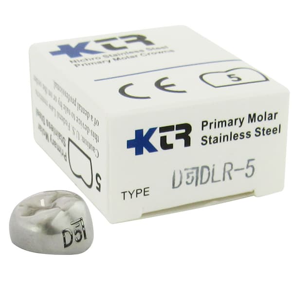 KTR Nichro Stainless Steel Primary Crown, Lower Right First Molar, Size 5, Box of 5, LR-D5 - KTR Lower Right Primary First Molar Size 5 Nichro stainless steel crowns, box - Image 1