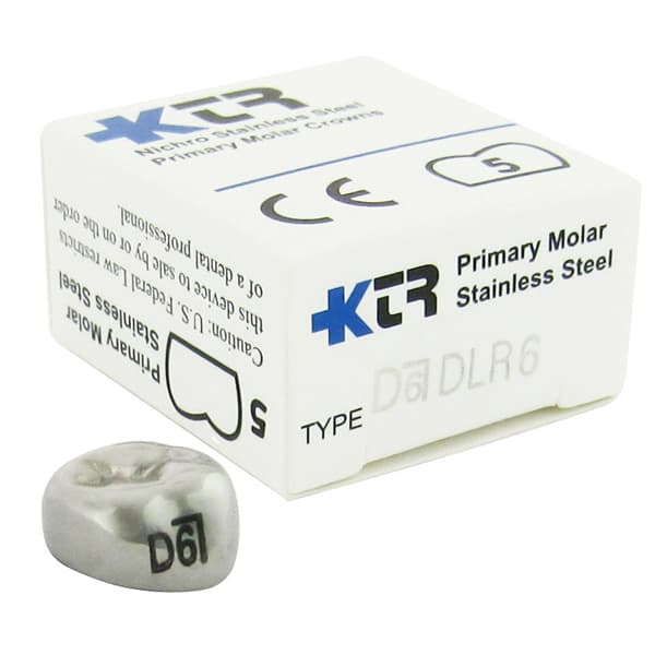 KTR Nichro Stainless Steel Primary Crown, Lower Right First Molar, Size 6 (LR-D6), Box of 5 - KTR Lower Right Primary First Molar Size 6 Nichro stainless steel crowns, box - Image 1