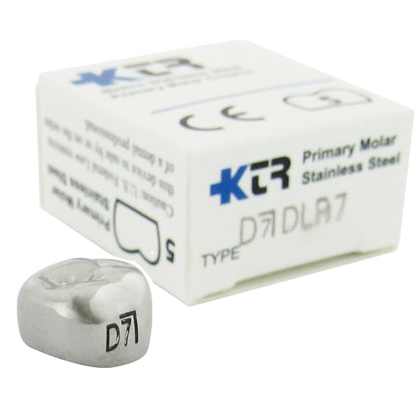 KTR Nichro Stainless Steel Primary Crown, Lower Right First Molar, Size 7 (LR-D7), Box of 5 - KTR Lower Right Primary First Molar Size 7 Nichro stainless steel crowns, box - Image 1