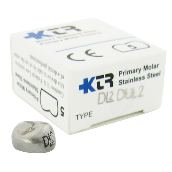 KTR Nichro Stainless Steel Primary Crown, Upper Left First Molar, Size 2 (UL-D2), Box of 5 - KTR Upper Left Primary First Molar Size 2 Nichro stainless steel crowns, box - Image 1