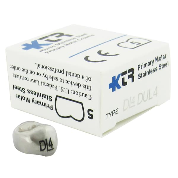 KTR Nichro Stainless Steel Primary Crown, Upper Left First Molar, Size 4 (UL-D4), Box of 5 - KTR Upper Left Primary First Molar Size 4 Nichro stainless steel crowns, box - Image 1