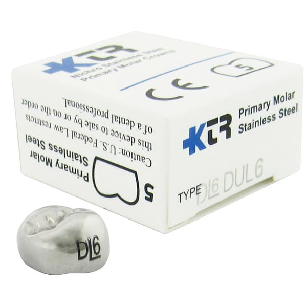 KTR Nichro Stainless Steel Primary Crown, Upper Left Primary First Molar, Size 6 (UL-D6), Box of 5 - KTR Upper Left Primary First Molar Size 6 Nichro stainless steel crowns, box - Image 1