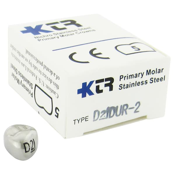 KTR Nichro Stainless Steel Primary Crown, Upper Right First Molar, Size 2 (UR-D2), Box of 5 - KTR Upper Right Primary First Molar Size 2 Nichro stainless steel crowns, box - Image 1