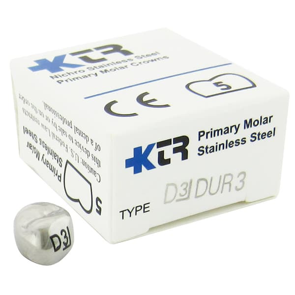 KTR Nichro Stainless Steel Primary Crown, Upper Right First Molar, Size 3 (UR-D3), Box of 5 - KTR Upper Right Primary First Molar Size 3 Nichro stainless steel crowns, box - Image 1