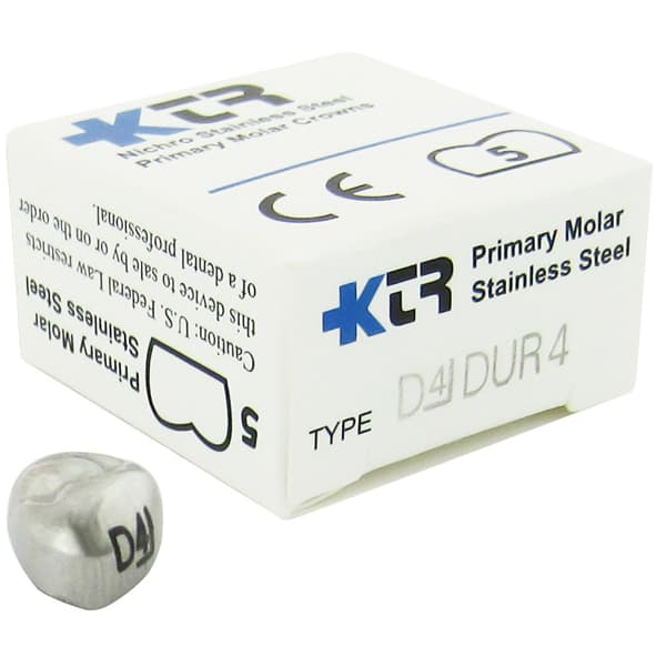 KTR Nichro Stainless Steel Primary Crown, Upper Right First Molar, Size 4 (UR-D4), Box of 5 - KTR Upper Right Primary First Molar Size 4 Nichro stainless steel crowns, box - Image 1