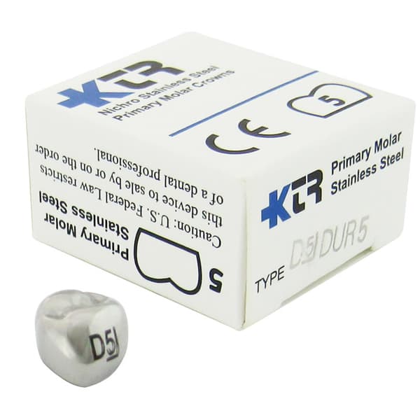 KTR Nichro Stainless Steel Primary Crown, Upper Right First Molar, Size 5, Box of 5, UR-D5 - KTR Upper Right Primary First Molar Size 5 Nichro stainless steel crowns, box - Image 1