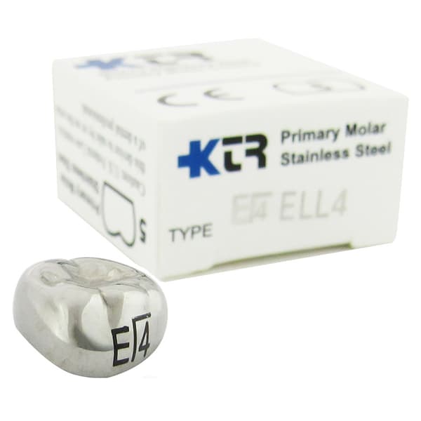 KTR Nichro Stainless Steel Primary Crown, Lower Left Second Primary Molar, Size 4 (LL-E4), Box of 5 - KTR Lower Left Primary Second Molar Size 4 Nichro stainless steel crowns, box - Image 1