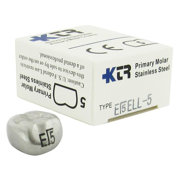 KTR Nichro Stainless Steel Primary Crown, Lower Left Second Primary Molar, Size 5, LL-E5, Box of 5 - KTR Lower Left Primary Second Molar Size 5 Nichro stainless steel crowns, box - Image 1
