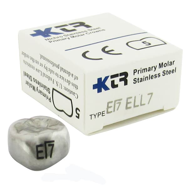 KTR Nichro Stainless Steel Primary Crown, Lower Left Second Primary Molar, Size 7 (LL-E7), Box of 5 - KTR Lower Left Primary Second Molar Size 7 Nichro stainless steel crowns, box - Image 1