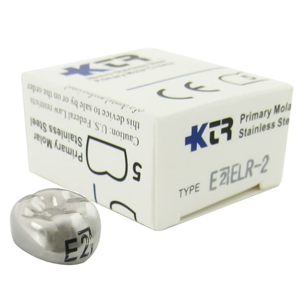 KTR Nichro Stainless Steel Primary Crown, Lower Right Second Molar, Size 2 (LR-E2), Box of 5 - KTR Lower Right Primary Second Molar Size 2 Nichro stainless steel crowns, box - Image 1