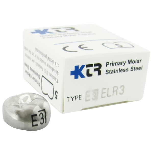 KTR Nichro Stainless Steel Primary Crown, Lower Right Second Molar, Size 3, Box of 5 (LR-E3) - KTR Lower Right Primary Second Molar Size 3 Nichro stainless steel crowns, box - Image 1