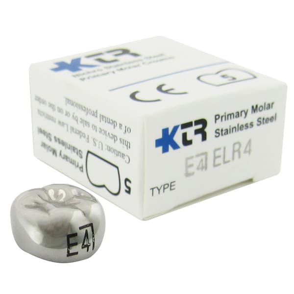 KTR Nichro Stainless Steel Primary Crown, Lower Right Second Molar, Size 4 (LR-E4), Box of 5 - KTR Lower Right Primary Second Molar Size 4 Nichro stainless steel crowns, box - Image 1