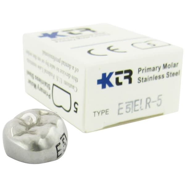 KTR Nichro Stainless Steel Primary Crown, Lower Right Second Molar, Size 5, Box of 5, LR-E5 - KTR Lower Right Primary Second Molar Size 5 Nichro stainless steel crowns, box - Image 1