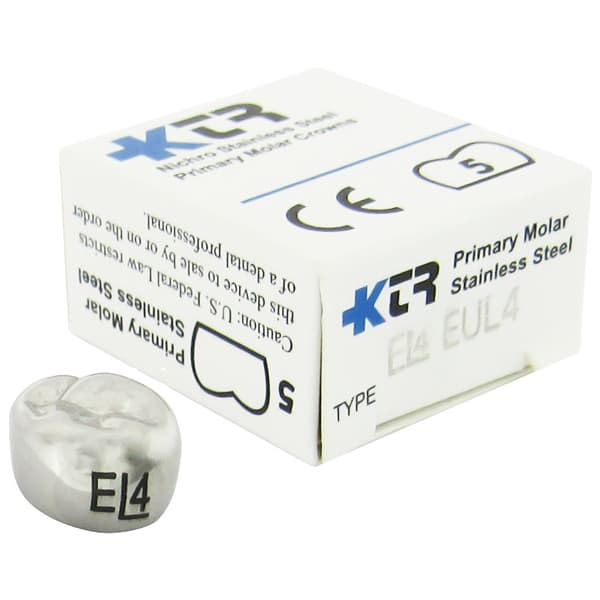 KTR Nichro Stainless Steel Primary Crown, Upper Left Second Molar, Size 4 (UL-E4), Box of 5 - KTR Upper Left Primary Second Molar Size 4 Nichro stainless steel crowns, box - Image 1