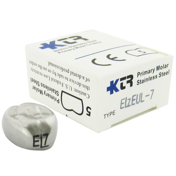 KTR Nichro Stainless Steel Primary Crown, Upper Left Second Molar, Size 7 (UL-E7), Box of 5 - KTR Upper Left Primary Second Molar Size 7 Nichro stainless steel crowns, box - Image 1