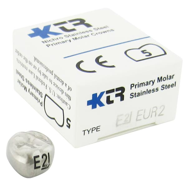 KTR Nichro Stainless Steel Primary Crown, Upper Right Second Molar, Size 2 (UR-E2), Box of 5 - KTR Upper Right Primary Second Molar Size 2 Nichro stainless steel crowns, box - Image 1