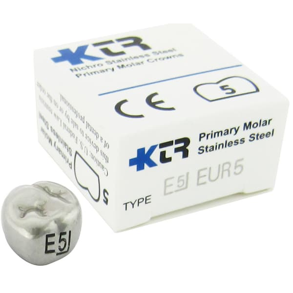 KTR Nichro Stainless Steel Primary Crown, Upper Right Second Molar, Size 5, Box of 5, UR-E5 - KTR Upper Right Primary Second Molar Size 5 Nichro stainless steel crowns, box - Image 1