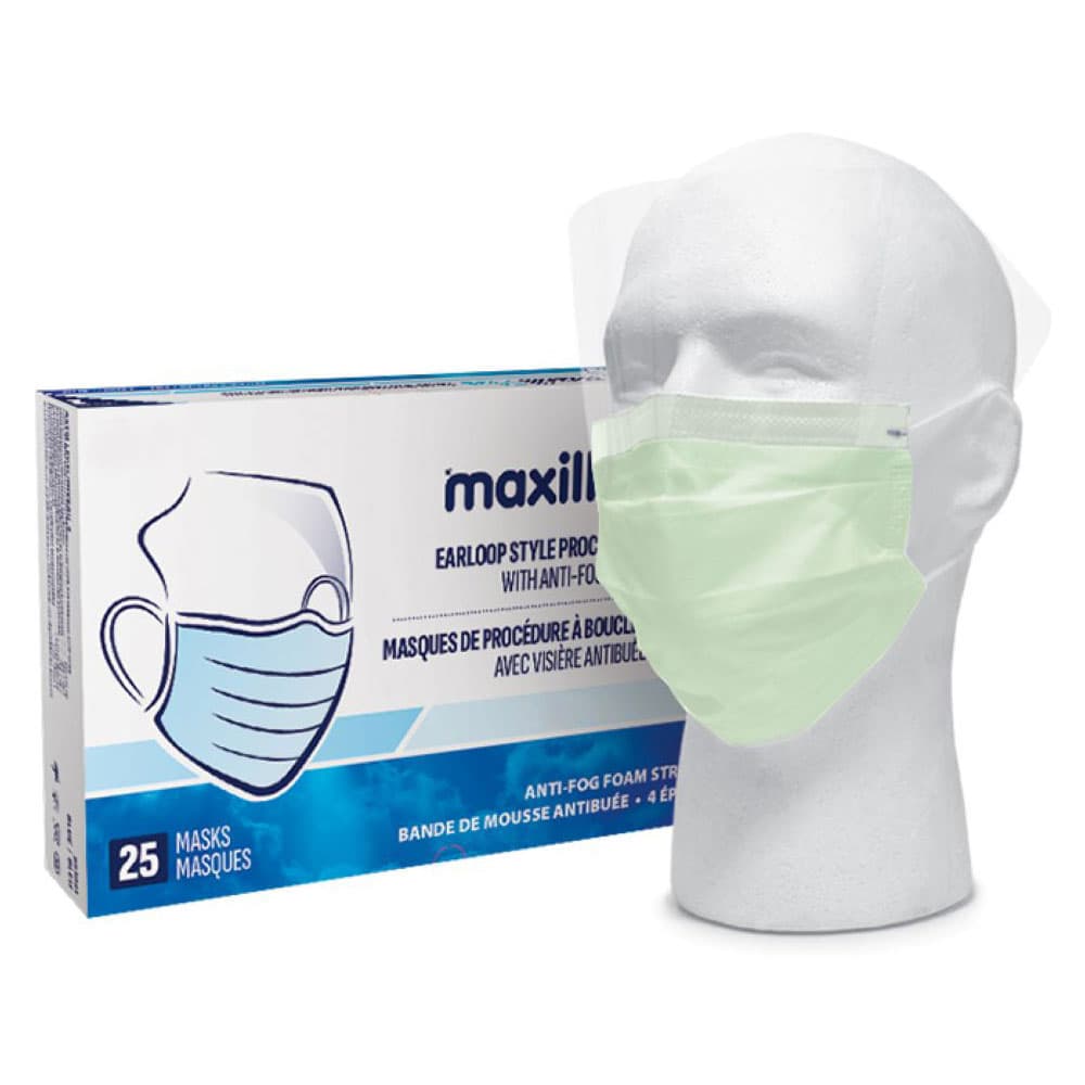 Maxill Plus 4-Ply ASTM Level 3 Earloop Mask with Anti-Fog Visor, Green, 25/Box - Maxill Plus 4-Ply ASTM Level 3 Earloop Style Mask w/ Anti-Fog Visor, Green, 25/Box - Image 1