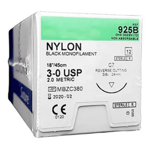 Reli 3/0 Black Nylon Sutures, 18" with C-7 Reverse-Cutting 24mm Needle (3/8 Circle), Box of 12 - Reli 3/0, 18" Black Nylon Sutures with C-7 reverse-cutting 24mm needle - Image 1