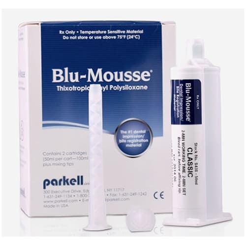 Parkell Blu-Mousse Scent-Free Classic VPS Bite Registration Paste, 2-Minute Set, Standard Cartridges, 2 x 50 mL (100 mL Total), with Mixing Tips thumbnail 3