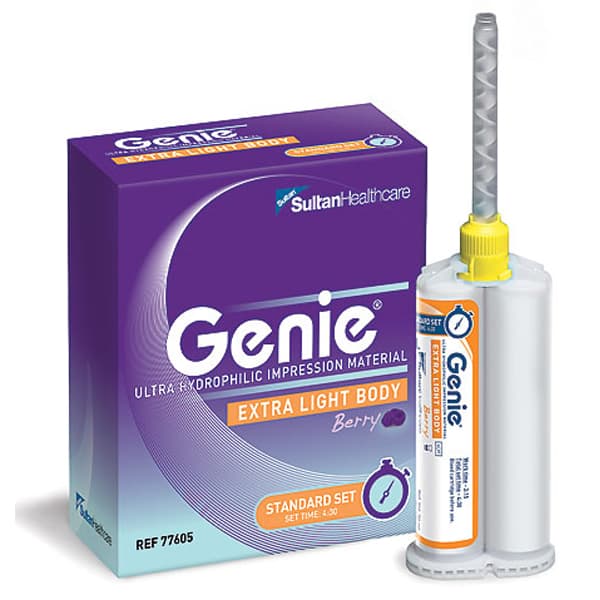 Sultan Genie VPS Impression Material, Extra-Light Body, Rapid Set, Berry Flavor, 2 x 50 mL Cartridges, 6 Mixing Tips, 6 Intraoral Tips - Genie VPS Impression Material - X-Light Body, Rapid Set, Berry Flavor 2x 50 mL, 6 tips - Image 1