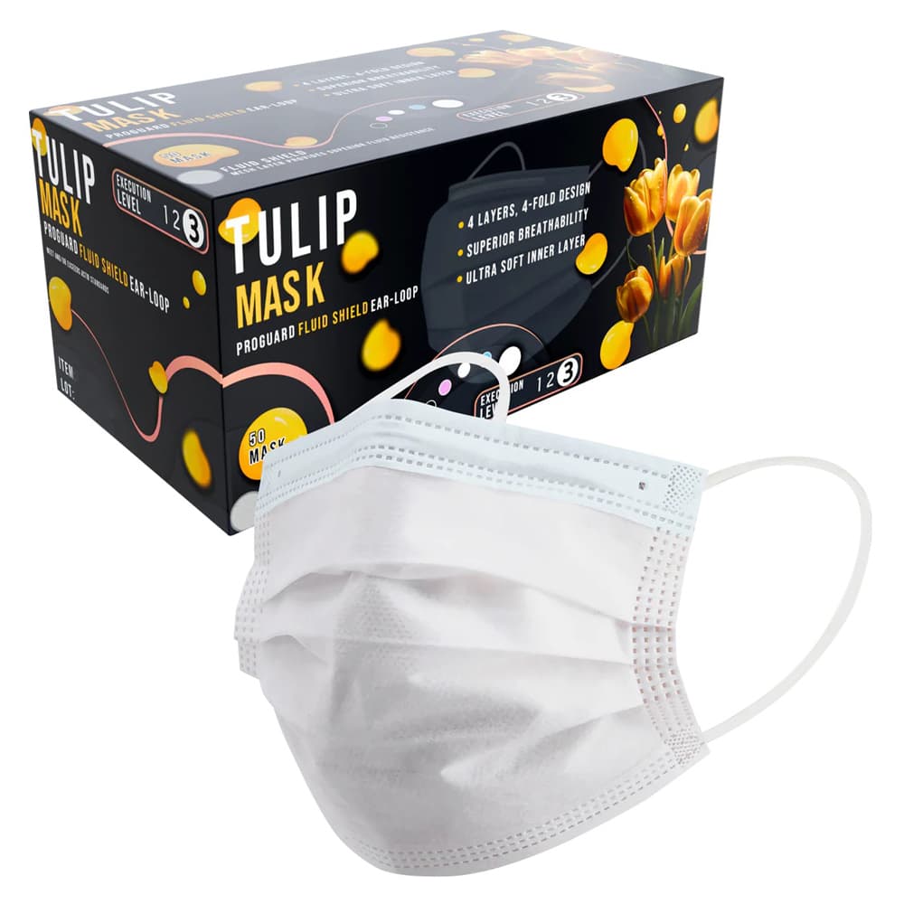 Tulip 4-Ply 4-Fold ASTM Level 3 Surgical Masks, White, 50/Box - Tulip 4-Ply 4-Fold ASTM Level 3 Surgical Masks, White, 50/Box - Image 1