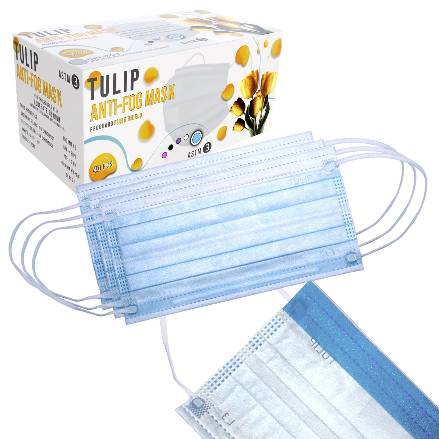 Tulip 4-Ply ASTM Level 3 Anti-Fog Earloop Masks, Foam Strip, Blue, 40/Box thumbnail 2