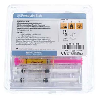 Ultradent Porcelain Etch Kit with Silane, 2 x 1.2 ml Porcelain Etch Syringes, 2 x 1.2 ml Silane Syringes, 20 Black Mini Brush Tips, 20 Inspiral Brush Tips thumbnail 2