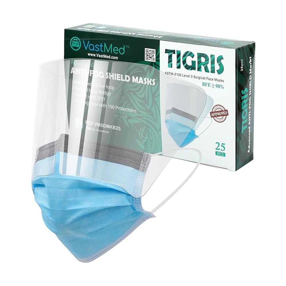VastMed Tigris Anti-Fog Level 3 3-Ply Earloop Mask with Face Shield, Blue, 25/Pk - VastMed Tigris Anti-fog, Level 3, 3-Ply, Earloop Mask and Shield, Blue, 25/Pk - Image 1