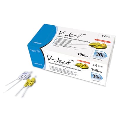 V-Ject 30 Gauge Long Disposable Dental Needles, 0.3 x 25 mm, Color-Coded Plastic Hub, 100/Box - V-Ject 30 gauge Long Disposable Dental Needles (0.3 X 25mm) with color-coded - Image 1