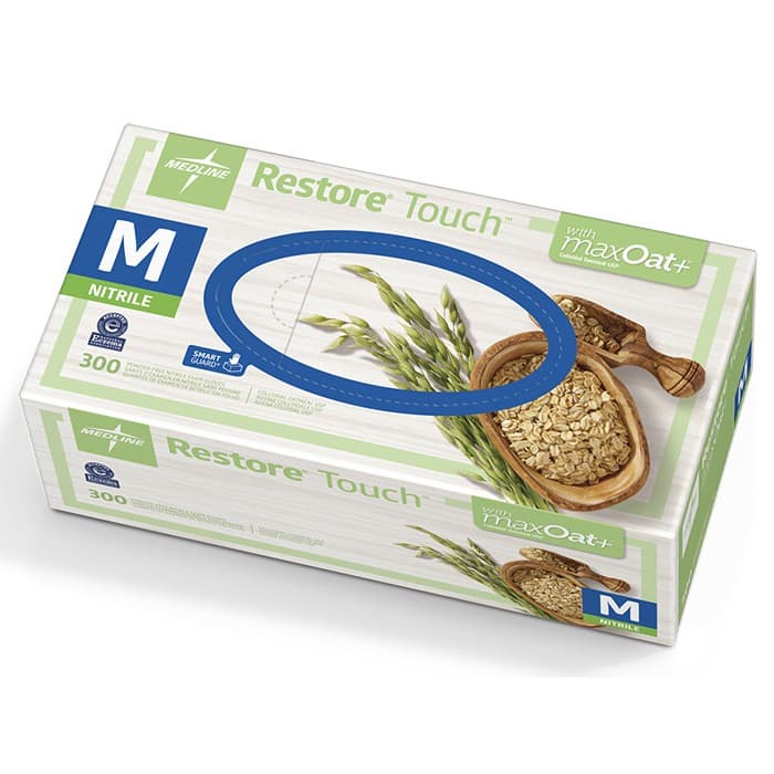 Medline Restore Touch Nitrile Powder-Free Examination Gloves with MaxOat+, Large, 300/Box - Restore&reg; Touch&trade; Nitrile Powder-Free with MaxOat+ - Large - Image 1