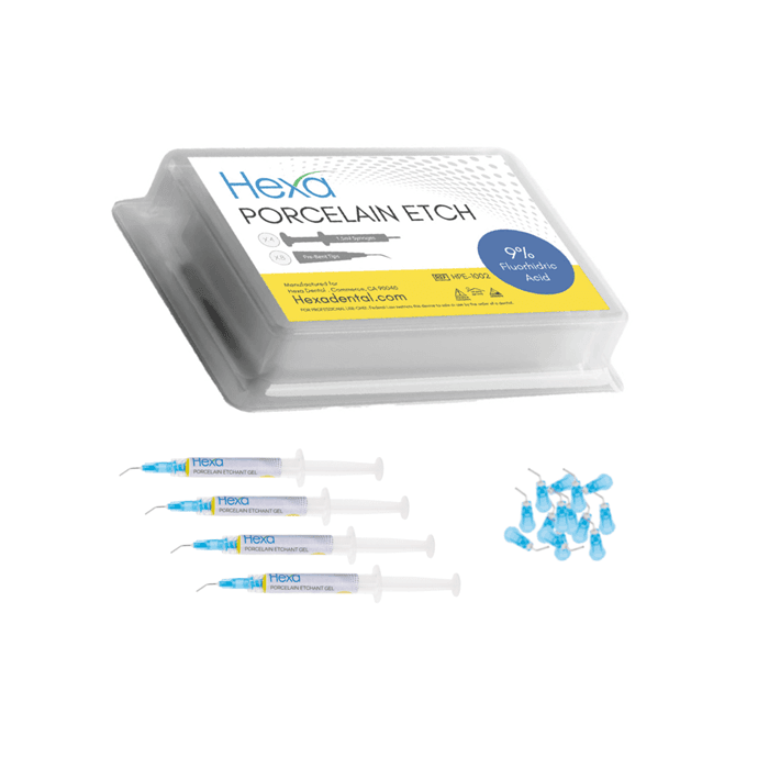 Hexa 9% Hydrofluoric Acid Porcelain Etch, 2 mL Syringe, 4/Pk, with 8 Pre-Bent Tips thumbnail 2