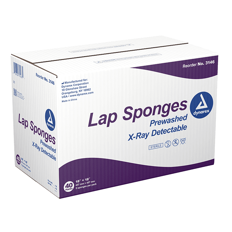 Dynarex Lap Sponge, Sterile, Pre-washed, X-Ray Detectable, 18" x 18", 200/Cs, #3146 - Lap Sponge Sterile 18" x 18" (200) - Image 1