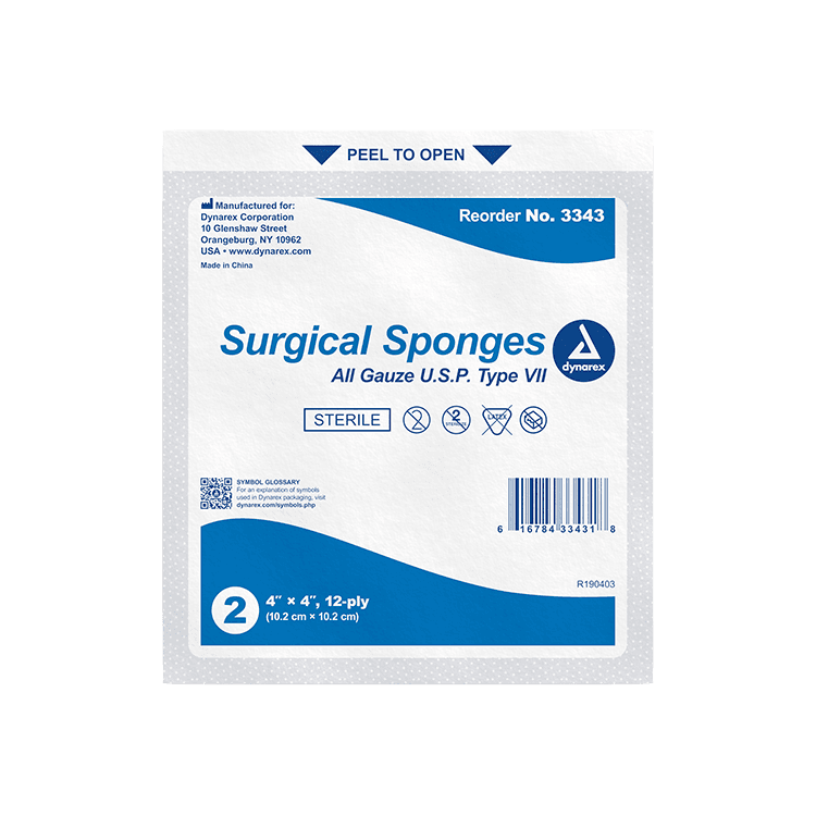 Dynarex Surgical Gauze Sponge, Sterile, 4" x 4", 12 Ply, 600/Cs, #3343 - Sponge Sterile 4"x4" 12 Ply (600) - Image 1
