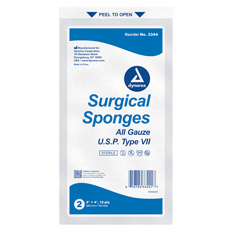 Dynarex Gauze Sponge, Sterile, 12-Ply, 8" x 4", 100% Cotton, 500/Cs, #3344 thumbnail 2