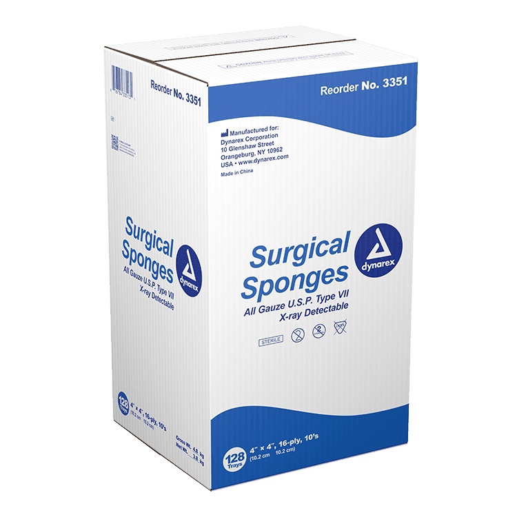 Dynarex X-Ray Detectable Surgical Gauze Sponge, Sterile, 4"x4", 1280/Cs, #3351 - X-Ray Detectable Sponge 4"x4" (1280) - Image 1