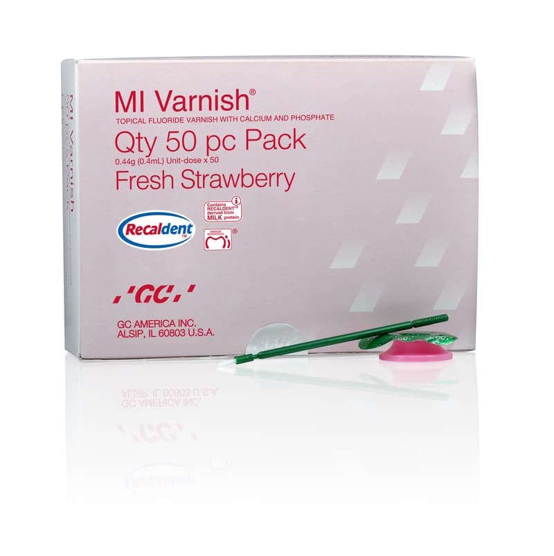 GC MI Varnish 5% Sodium Fluoride with RECALDENT, Strawberry Flavor, 0.5 ml Unit Dose, 50/Box, #442500 - MI Varnish 5% Sodium Fluoride Strawberry - Image 1