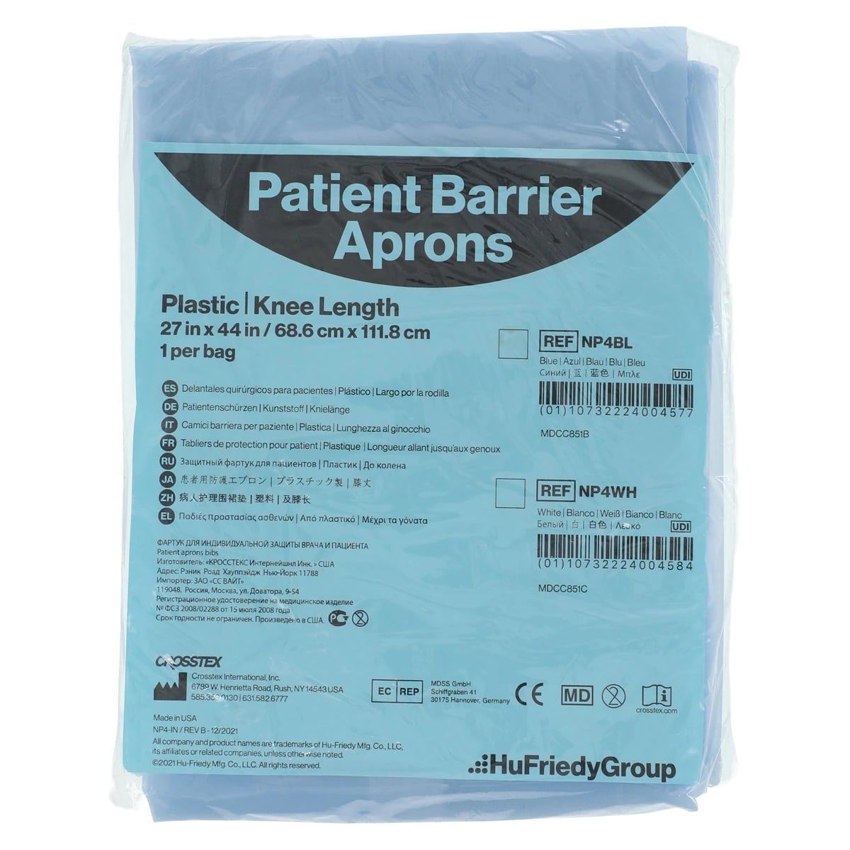 Crosstex Patient Barrier Apron, Plastic, Knee Length, 27" x 44", Blue, 1/Pk, NP4BL