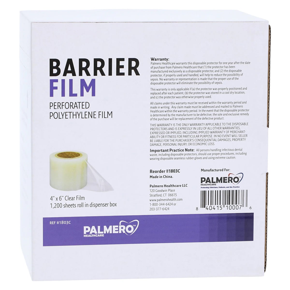 Palmero Clear Barrier Film, 4" x 6", Clear, 1200 Sheets/Roll, Dispenser Box, 1803C