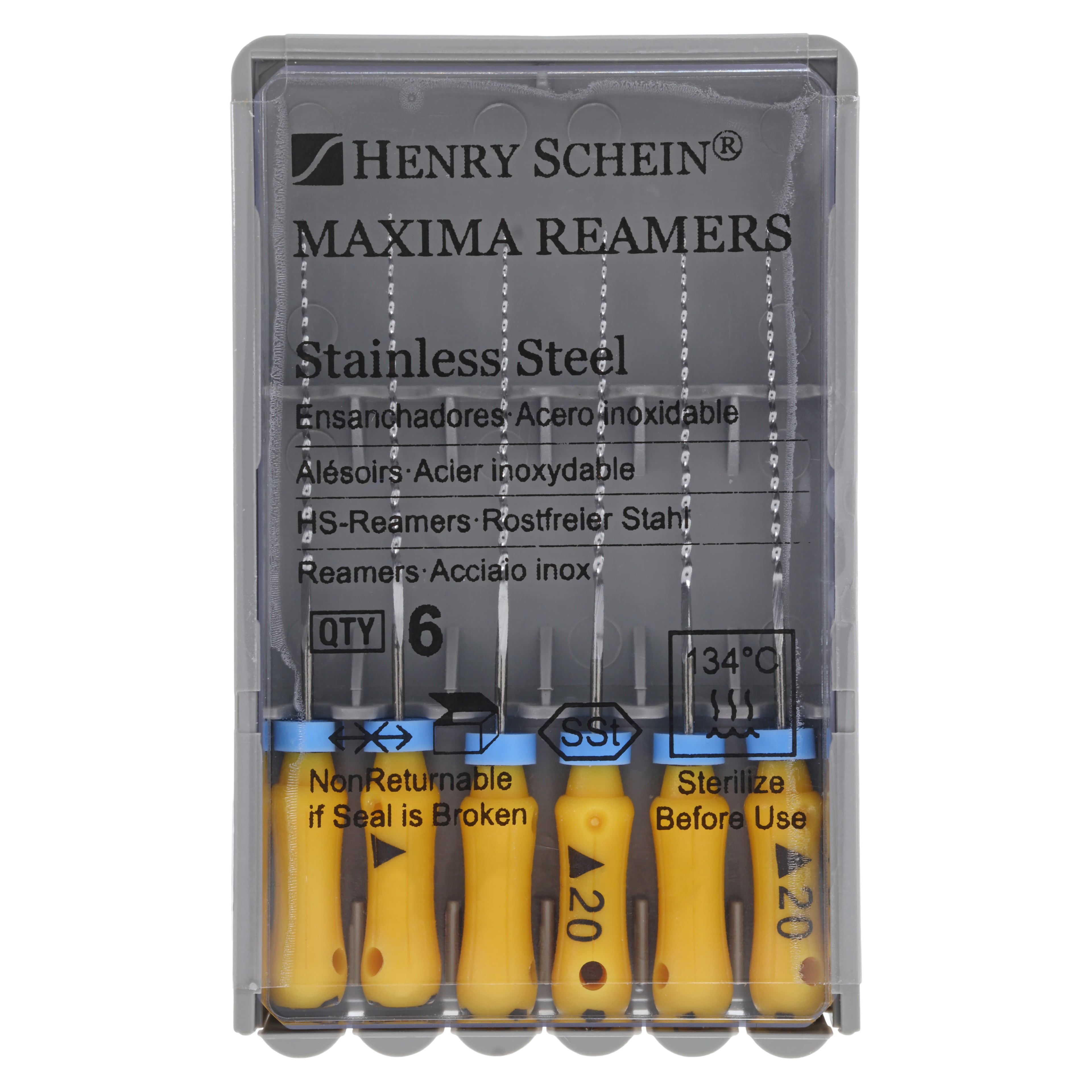 Maxima Hand Reamer, Size 20, 25mm, Stainless Steel, Yellow Color Coded, 6/Box