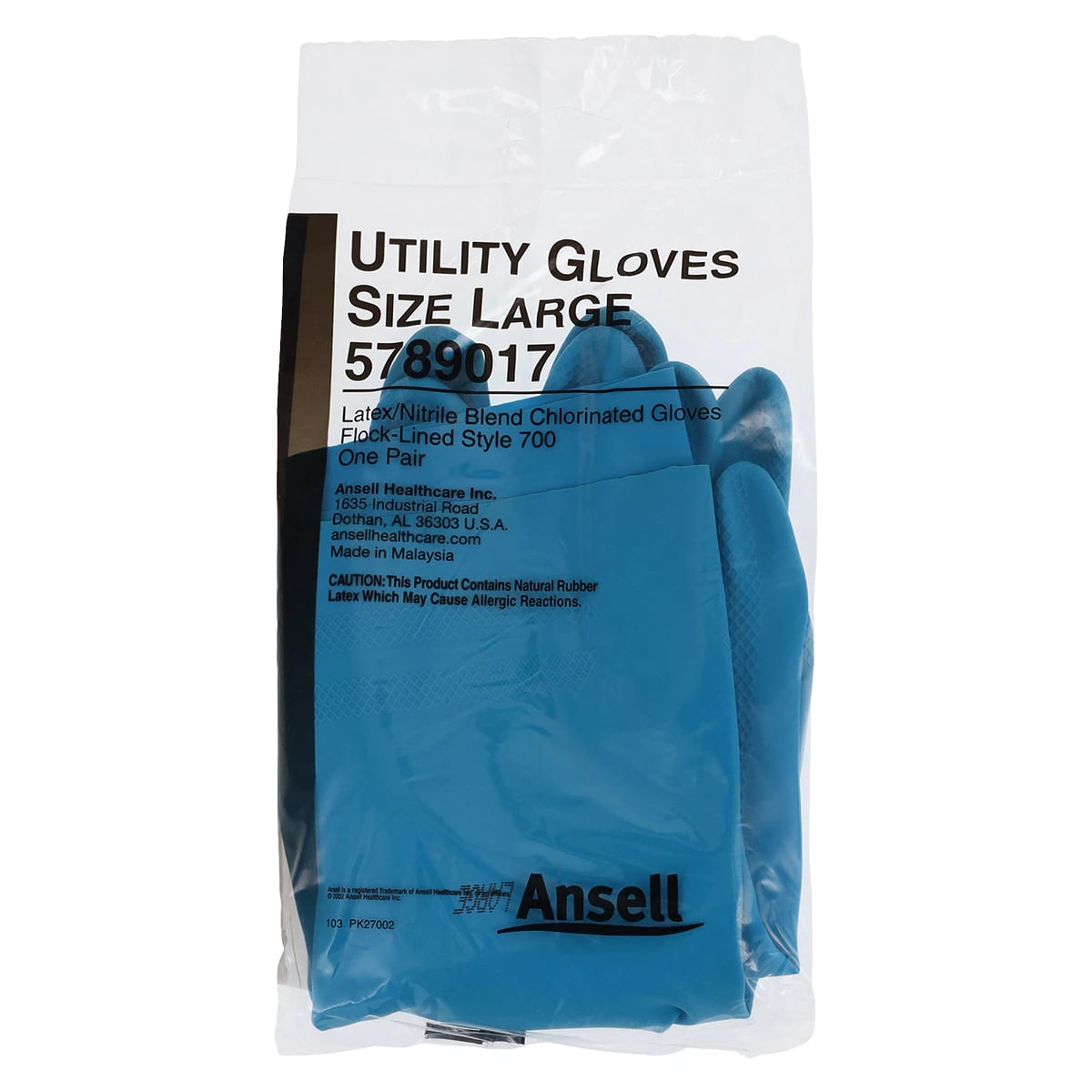 Ansell Latex/Nitrile Blend Utility Gloves, Reusable, Flock-Lined, Blue, Large, 12 Pairs/Bag