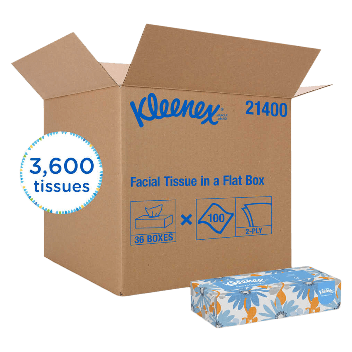 Kleenex Facial Tissue, White, 2-Ply, Flat Box, 100 Tissues/Box