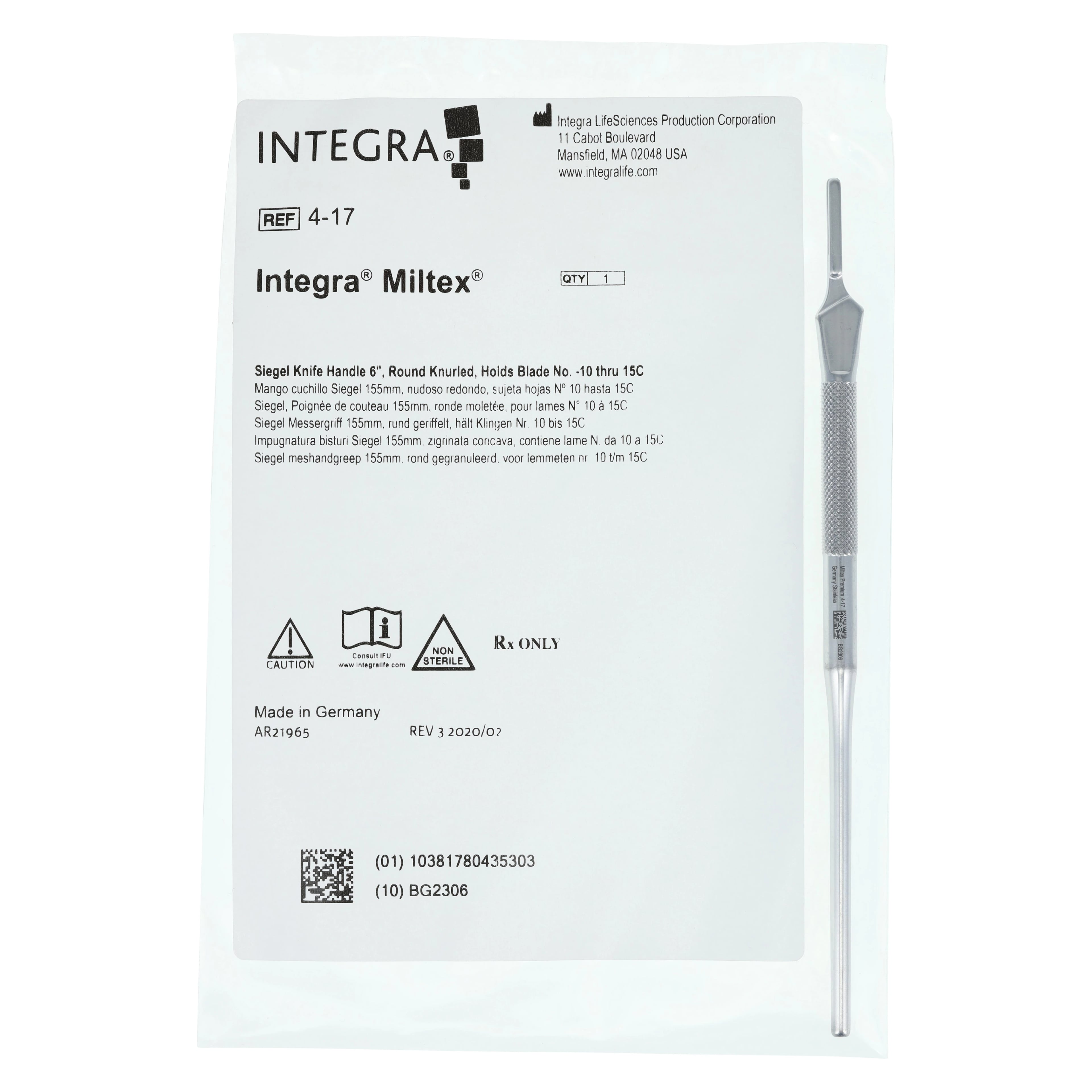 Miltex Siegel Scalpel Handle, Stainless Steel, Round, 5.75", Blade Sizes 10-15C, #10-15C
