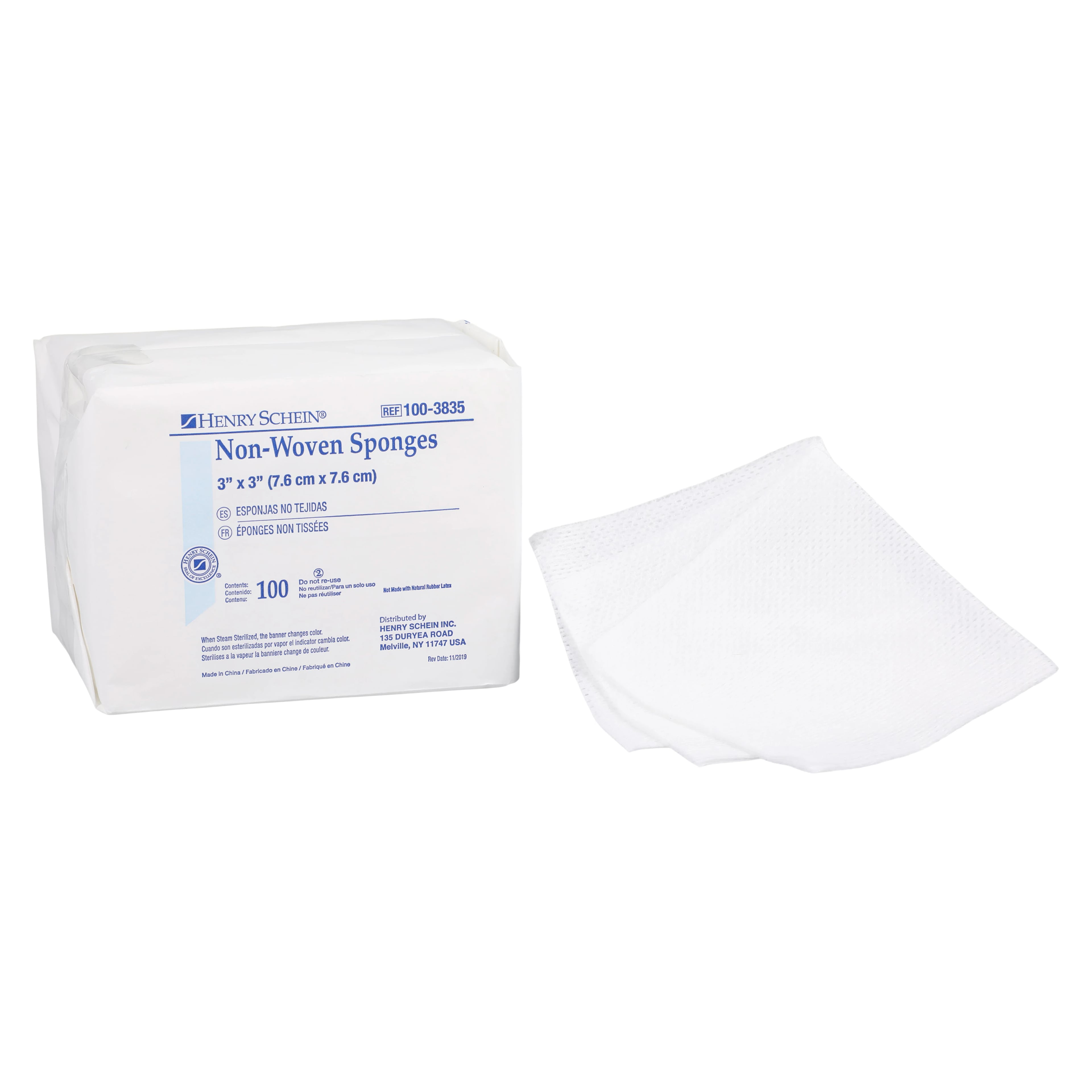 Henry Schein Non-Woven Cotton 4-Ply Sponges, 3x3", Non-Sterile, 100/Box