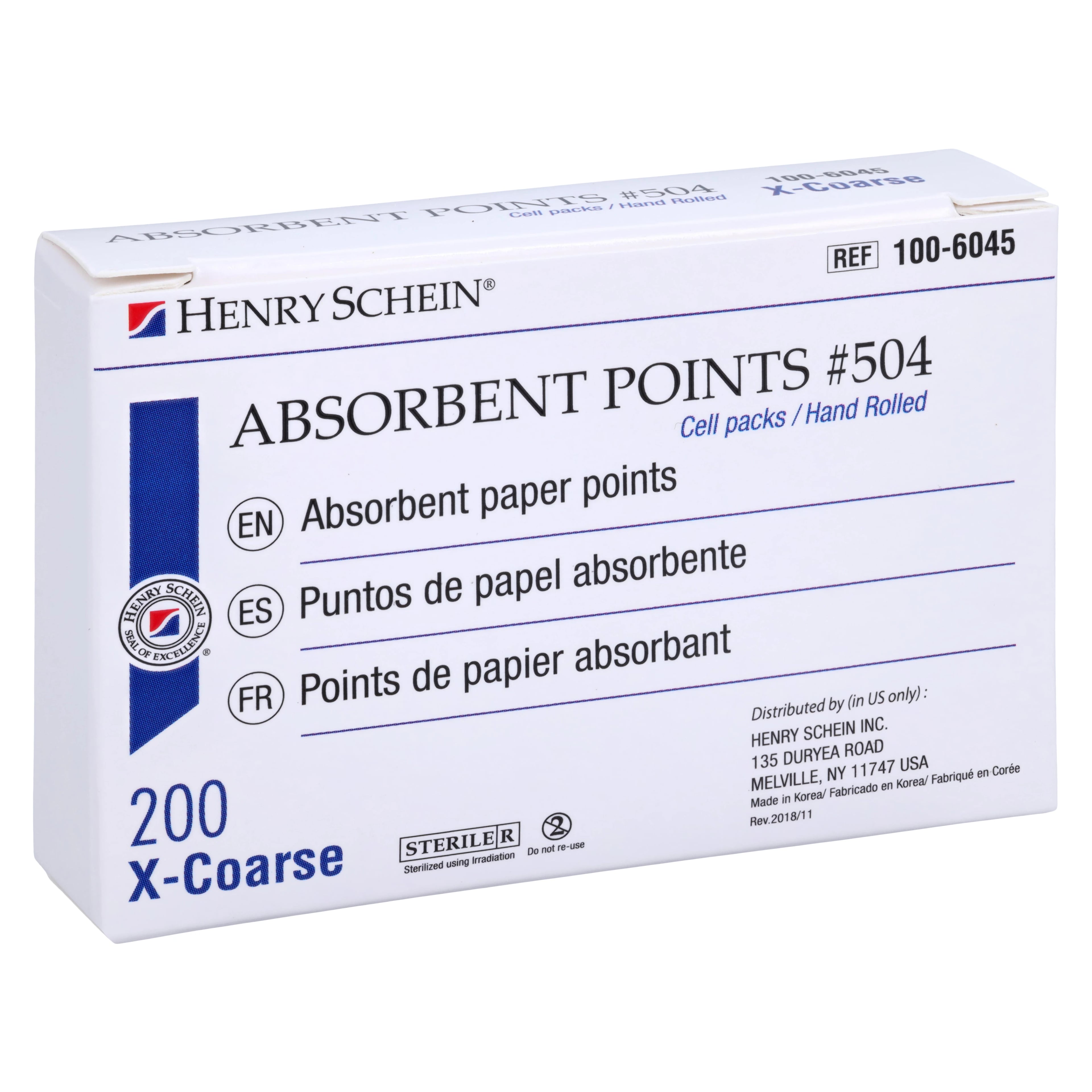Henry Schein Absorbent Points #504, X-Coarse, Standard Size, White, Sterile, 200/Box